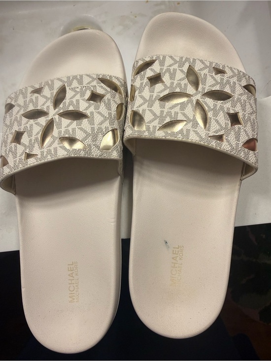 Michael Kors Shoes - Michael Kors Ivory and Gold Logo Cutout Slide Sandals